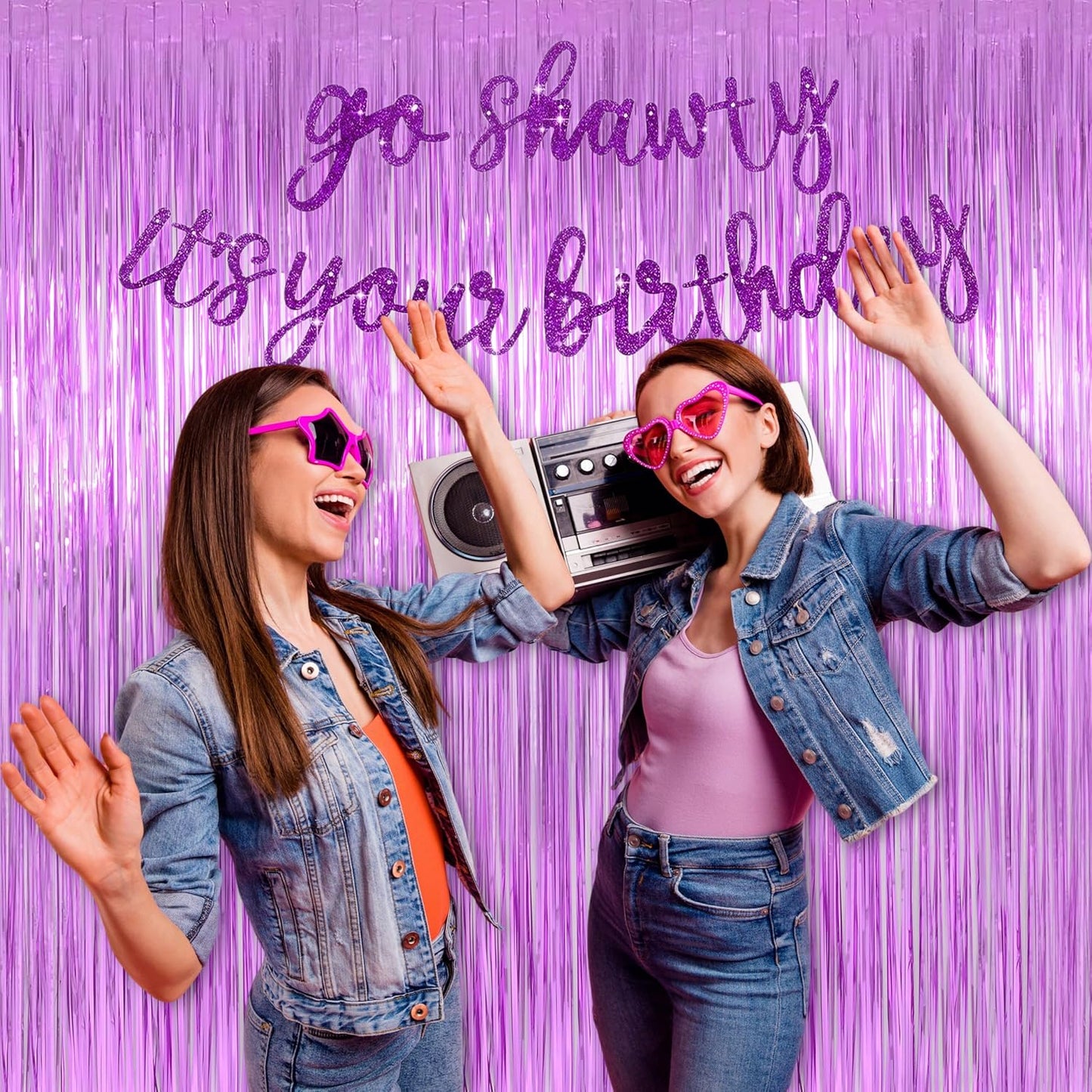 Melsan 2 Pack 3.2 ft x 8.2 ft Tinsel Foil Fringe Curtains Backdrop, Sparkle Metallic Foil Curtains for Party Photo Booth Props Decoration, Pinkish Purple
