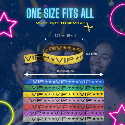 100 Pack Glitter Gold VIP Party Wristbands with Secure Locking Clip. Must Have Adjustable Sparkle VIP Wrist Bands for Events, Parties, Weddings and Festivals