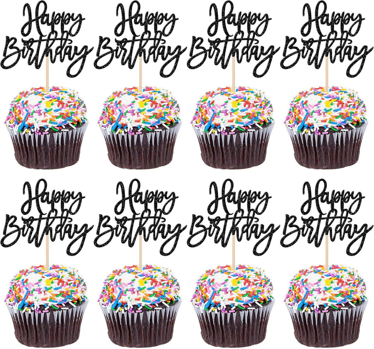24 PCS Happy Birthday Cupcake Toppers Glitter Picks for Celebrating Anniversary Theme Party Cake Decorations Supplies Gold