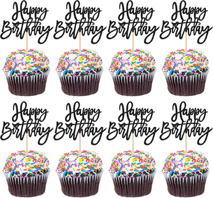 24 PCS Happy Birthday Cupcake Toppers Glitter Picks for Celebrating Anniversary Theme Party Cake Decorations Supplies Gold