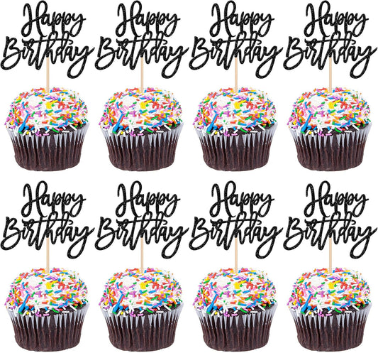 24 PCS Happy Birthday Cupcake Toppers Glitter Picks for Celebrating Anniversary Theme Party Cake Decorations Supplies Gold