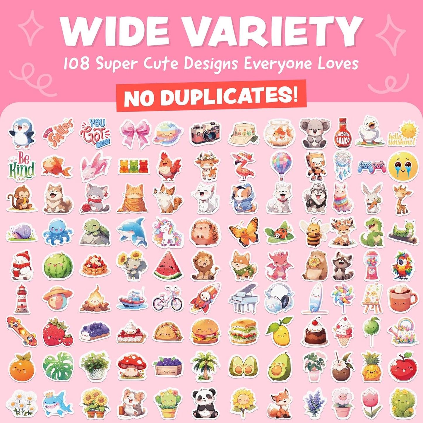 Cute Stickers for Kids - Kawaii Water Bottle Stickers for Teens - 108pc Sticker Pack - Waterproof Vinyl Stickers for Water Bottles, Scrapbook, Laptops, Etc.