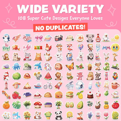 Cute Stickers for Kids - Kawaii Water Bottle Stickers for Teens - 108pc Sticker Pack - Waterproof Vinyl Stickers for Water Bottles, Scrapbook, Laptops, Etc.