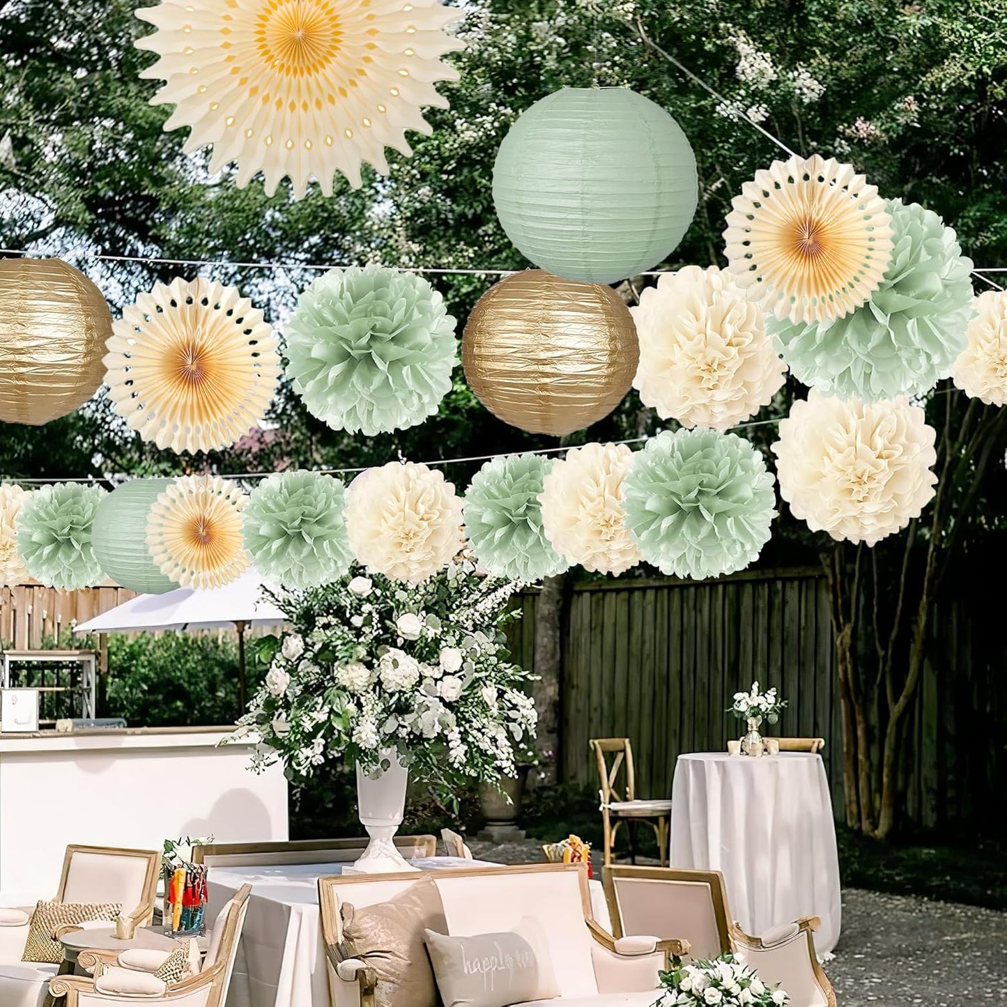 Tissue Paper Pom Poms - 23 PCS Dusty Blue Paper Flowers Pom Pom Kit Circle Dot Party Banner Hanging Swirl Party Decorations for Wedding Birthday Baby Shower Bridal Shower Tea Party