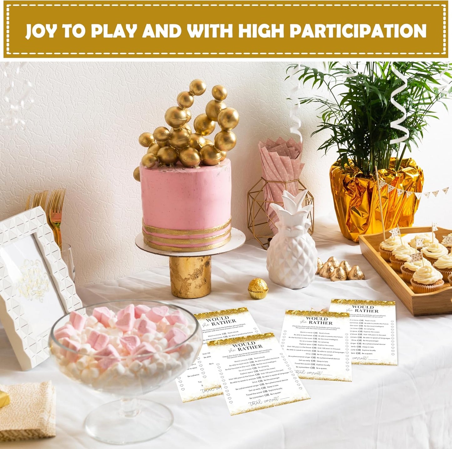 Gold Glitter Birthday Party Game Cards Set, Ever or Never, for Girl Birthdays Supplies, Activity Decorations Double Sided Set of 30 Pcs