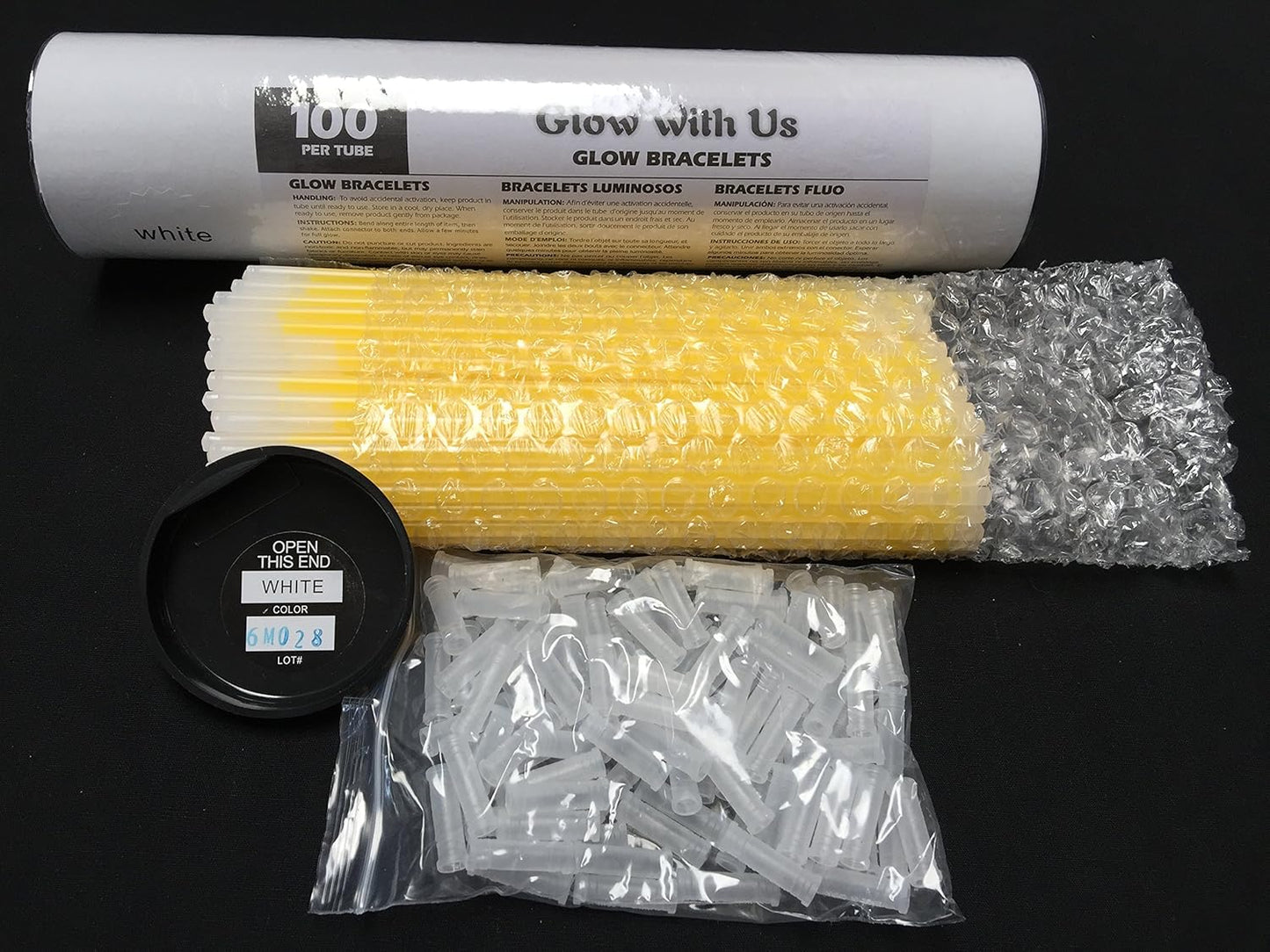 Glow Sticks Bracelets Bulk Wholesale, 100 8” Yellow Glow Bracelets, Bright Color, Glow 8-12 Hrs, 100 Connectors Included, Glow Party Favor Supplies, Sturdy Packaging, Great Fun.