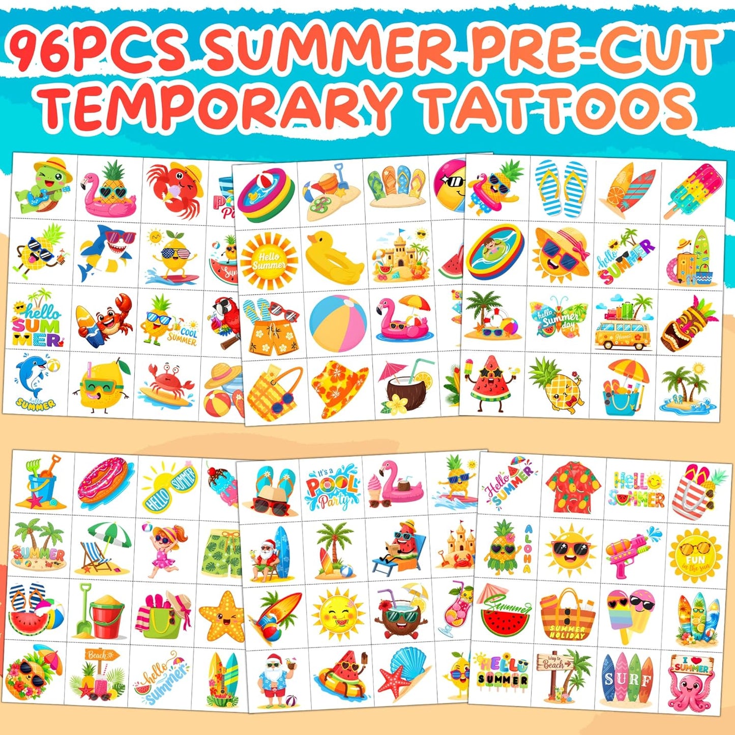 Tropical Flower Hawaiian Temporary Tattoos for Kids - 96 PCS Pre-cut Hawaii Luau Hibiscus Plumeria Party Favors Flower Summer Waterproof Stickers for Summer Aloha Party Decoration Supplies