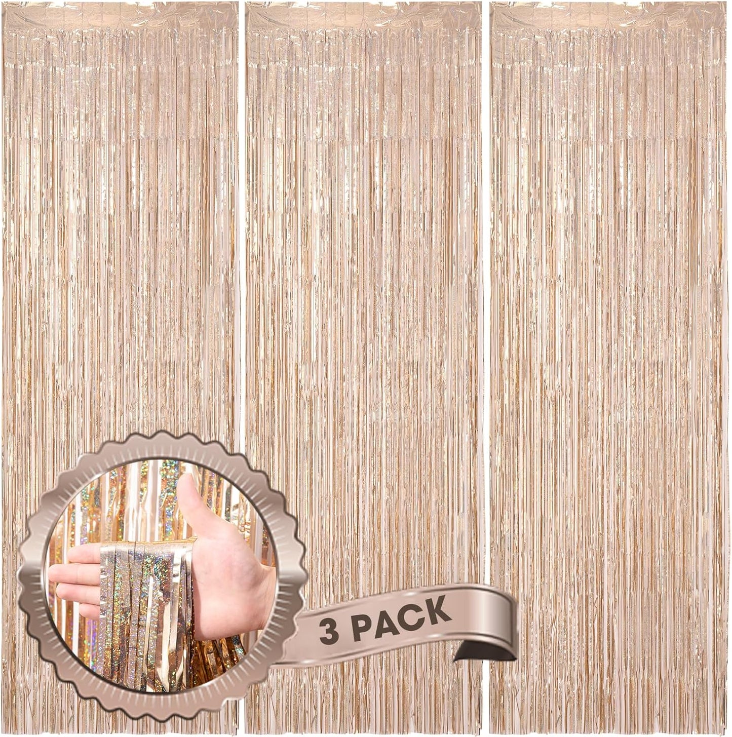 Voircoloria 3 Pack 3.3x8.2 Feet Gold Foil Fringe Backdrop Curtains, Tinsel Streamers, Fringe Backdrop for 2025 New Years Eve, Graduation, Birthday, Baby Shower, Gender Reveal, Disco Party - Colors A