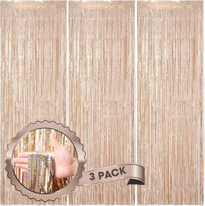 Voircoloria 3 Pack 3.3x8.2 Feet Gold Foil Fringe Backdrop Curtains, Tinsel Streamers, Fringe Backdrop for 2025 New Years Eve, Graduation, Birthday, Baby Shower, Gender Reveal, Disco Party - Colors A