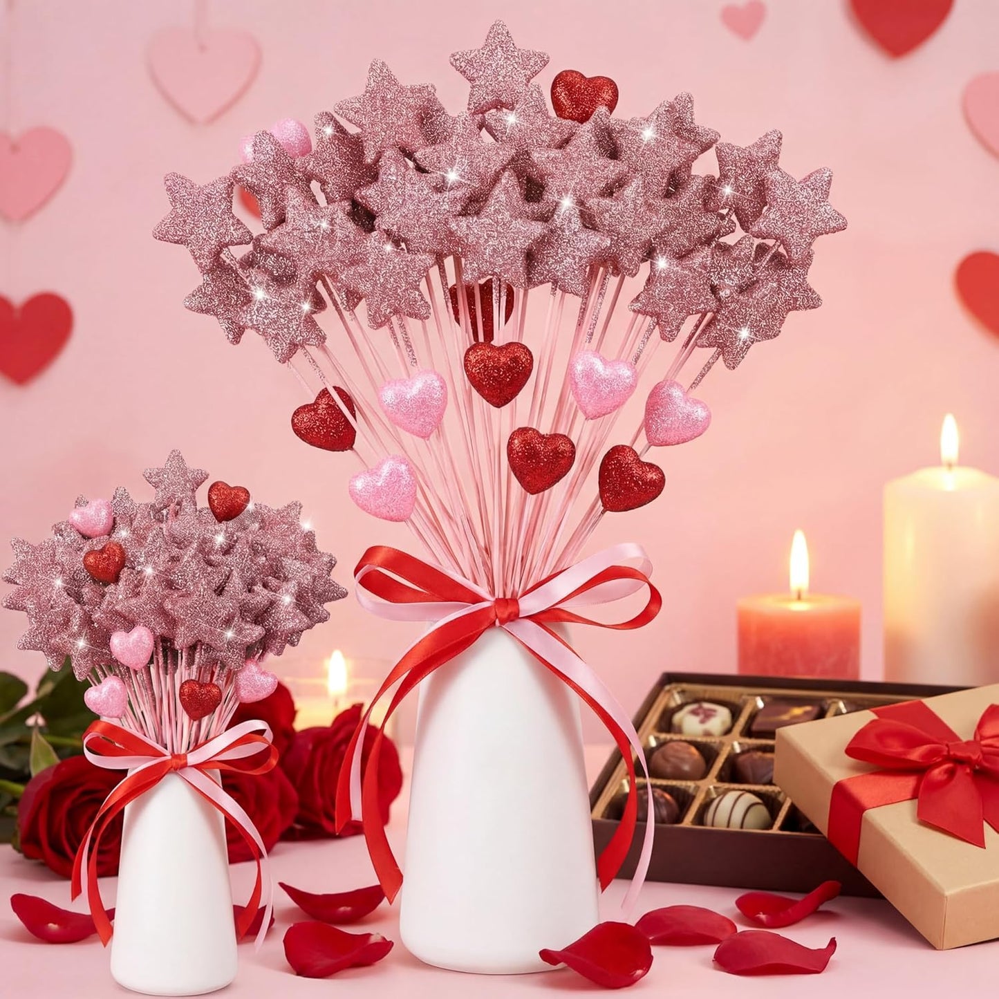Suzile 60 Pcs Golden Star Floral Pick 8'' Star Centerpiece Table Decor Gold Glitter Craft Stick Sparkly Foam Stem for Floral Arrangement Wreath Wedding Bridal Baby Shower Birthday Stars Arrangement