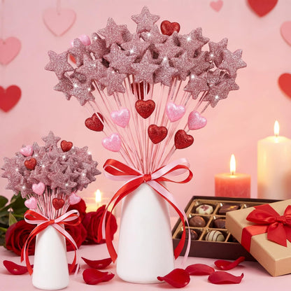 Suzile 60 Pcs Golden Star Floral Pick 8'' Star Centerpiece Table Decor Gold Glitter Craft Stick Sparkly Foam Stem for Floral Arrangement Wreath Wedding Bridal Baby Shower Birthday Stars Arrangement