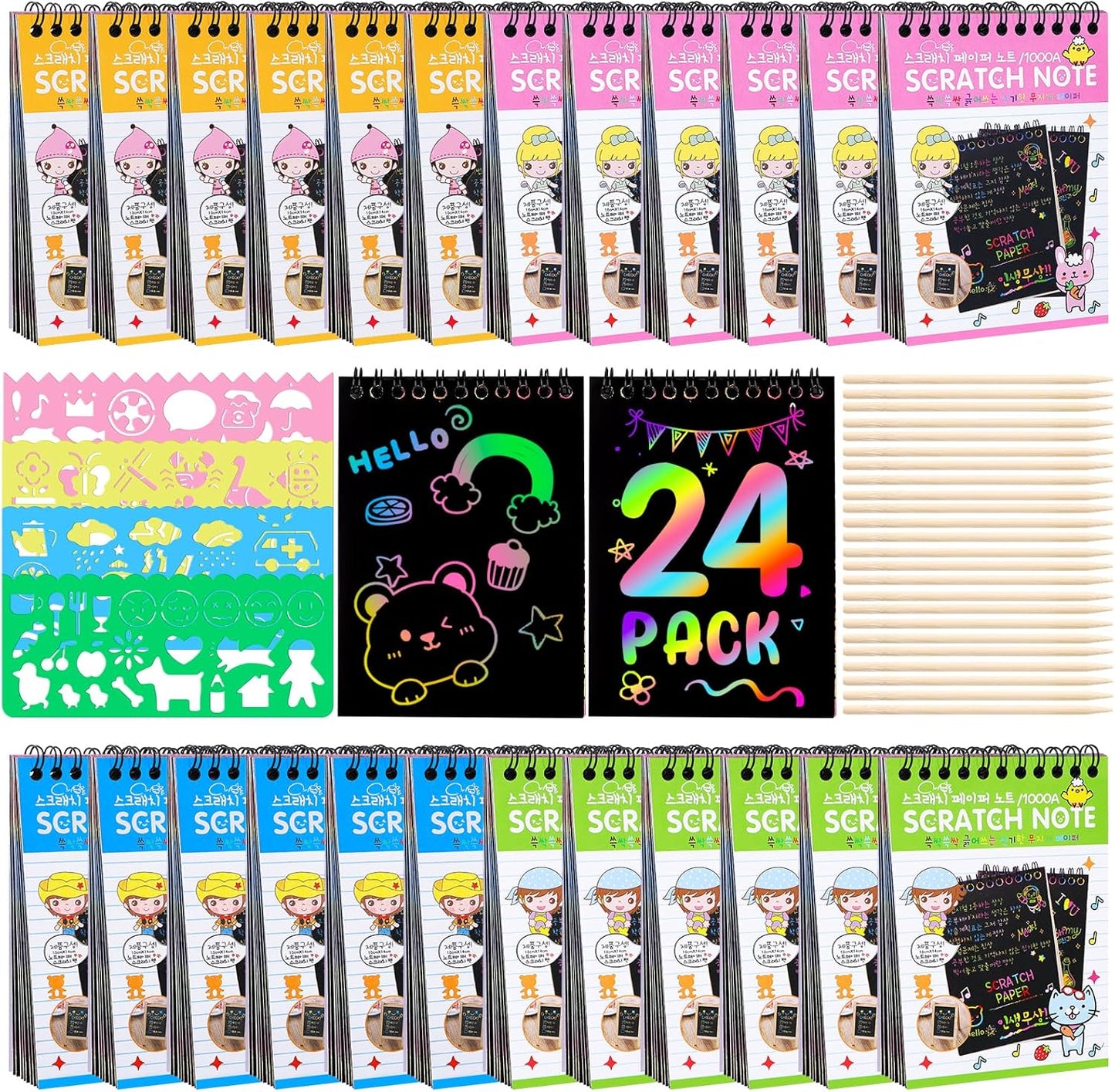 YSCare 24 Pack Scratch Arts and Crafts Notebooks, Rainbow Art Scratch Note, Goodie Bags Stuffers Essentials Gifts for Birthday Party Favors Classroom Prizes