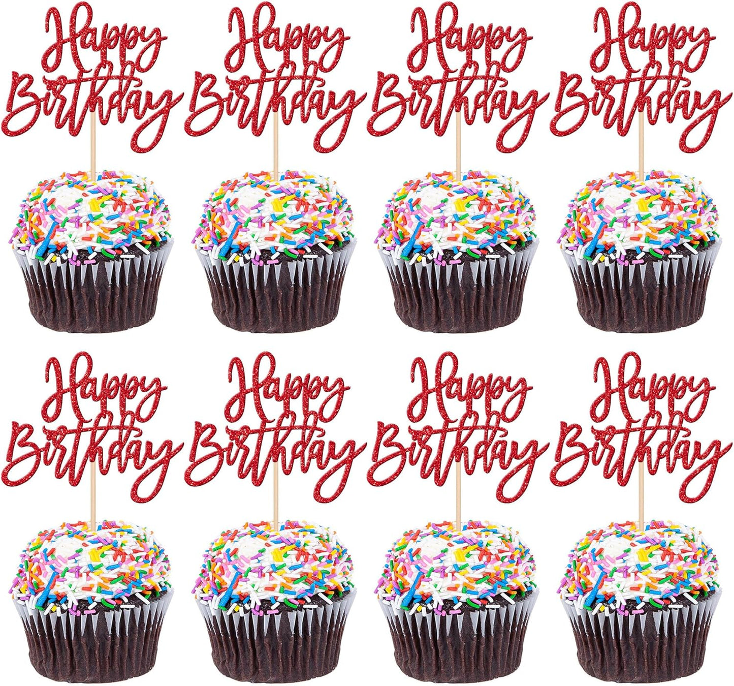 24 PCS Happy Birthday Cupcake Toppers Glitter Picks for Celebrating Anniversary Theme Party Cake Decorations Supplies Gold