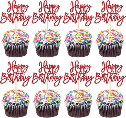 24 PCS Happy Birthday Cupcake Toppers Glitter Picks for Celebrating Anniversary Theme Party Cake Decorations Supplies Gold