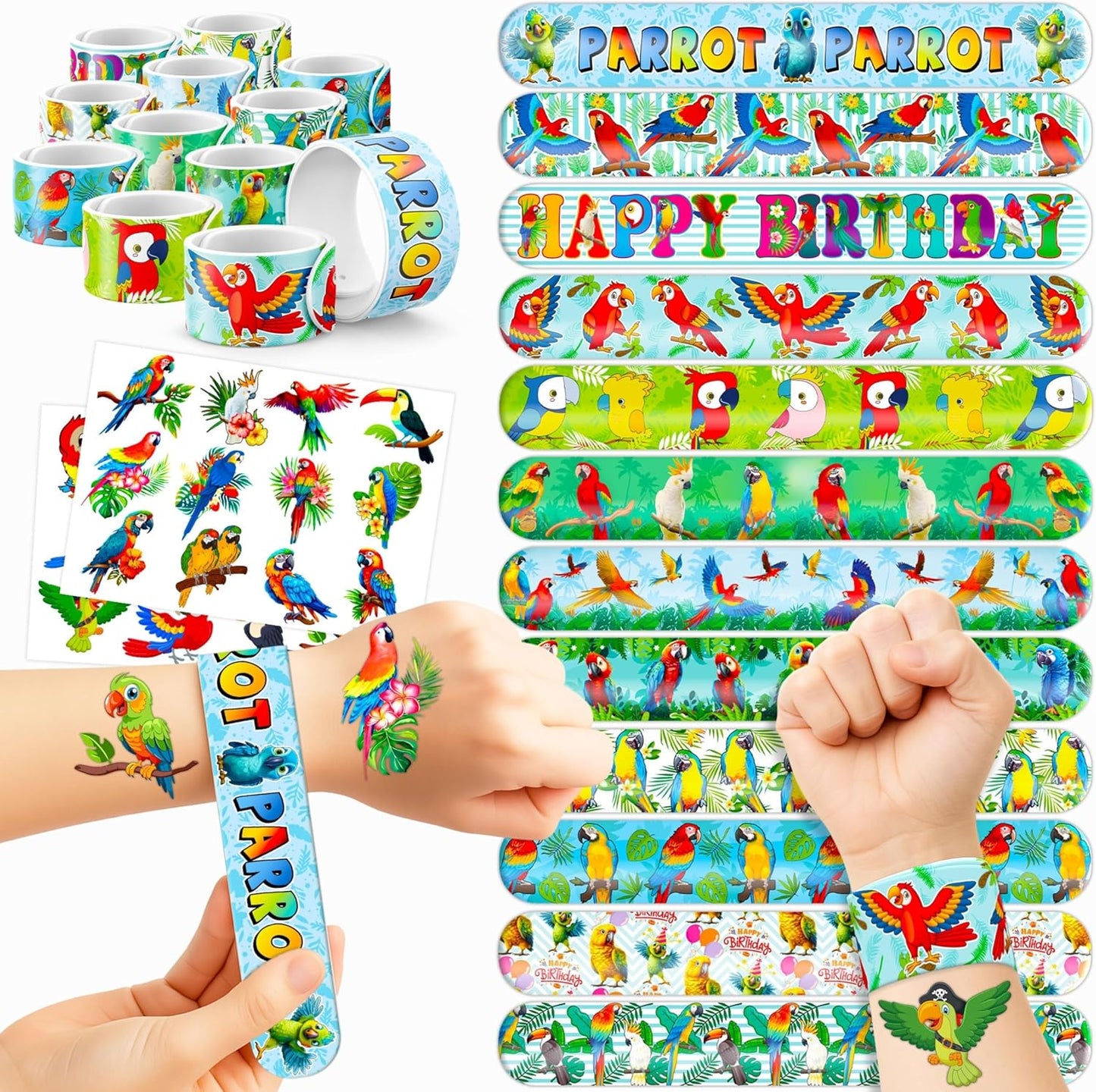 Cherisnowy 48PCS Parrot Party Set - 24PCS Temporary Tattoos & 24PCS Slap Bracelets - Tropical Birthday Supplies, Baby Shower Gifts, Classroom Rewards & Party Decor for Kids (Boys & Girls)