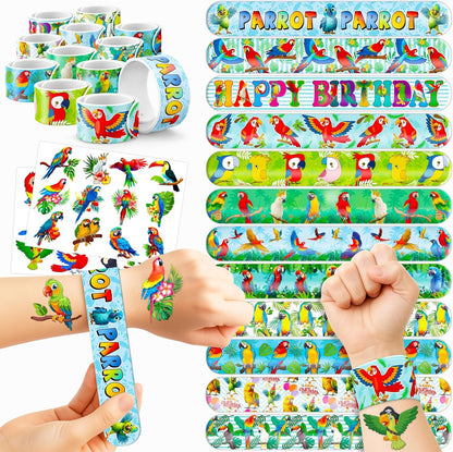 Cherisnowy 48PCS Parrot Party Set - 24PCS Temporary Tattoos & 24PCS Slap Bracelets - Tropical Birthday Supplies, Baby Shower Gifts, Classroom Rewards & Party Decor for Kids (Boys & Girls)
