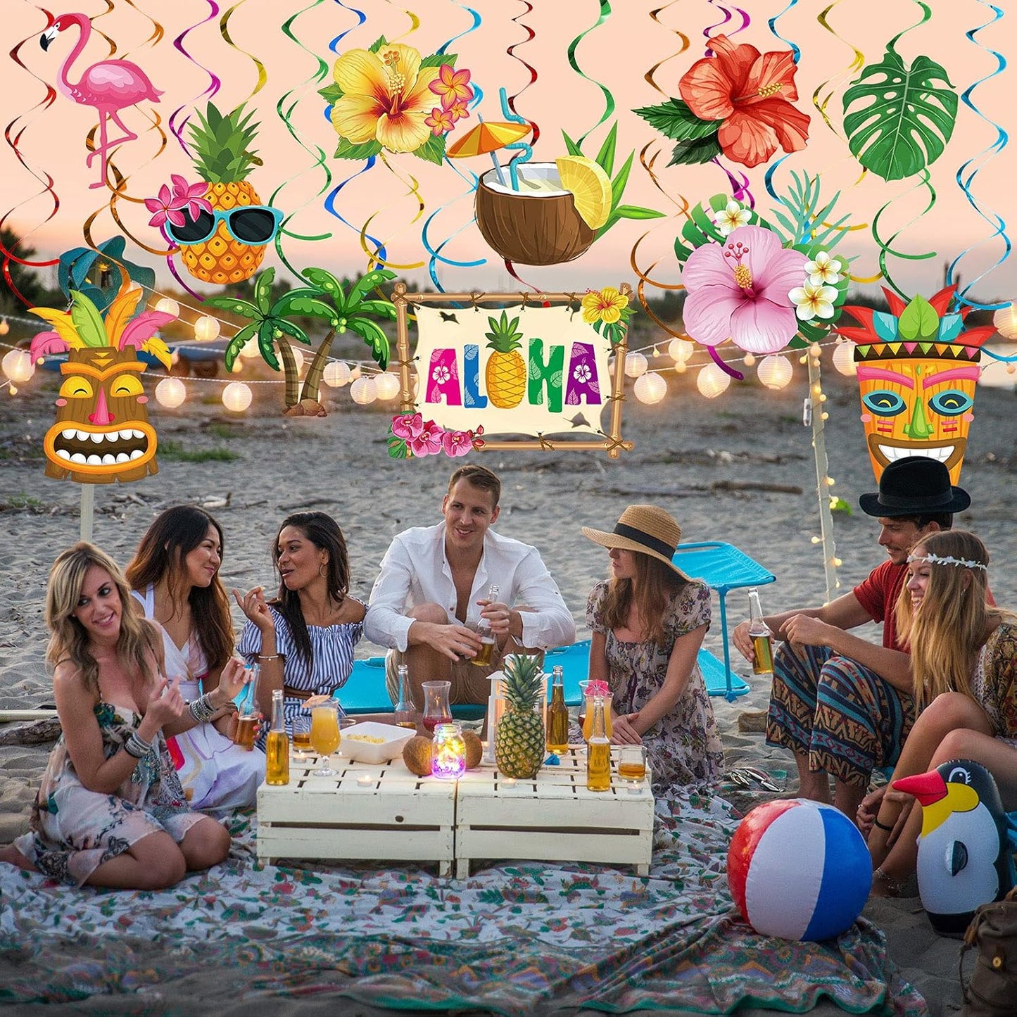 Outus 30 Pieces Hawaiian Luau Birthday Party Hanging Swirl Decorations, Flower Tropical Palm Flamingo Sign Foil Ceiling Decor for Floral Tropical Party Summer Beach Pool Tiki Supplies(Summer)