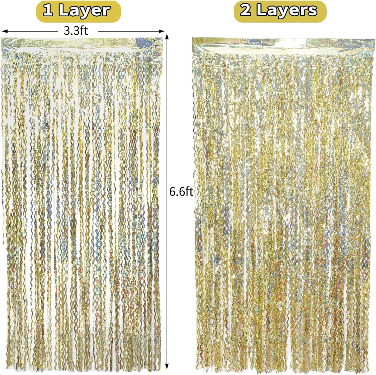 4 Pack Wavy Champagne Gold Metallic Tinsel Foil Fringe Curtains Backdrop - 3.3X6.6ft Foil Fringe Backdrop for Parties | Door Streamers for Birthday | Photo Booth Backdrops Party Decor