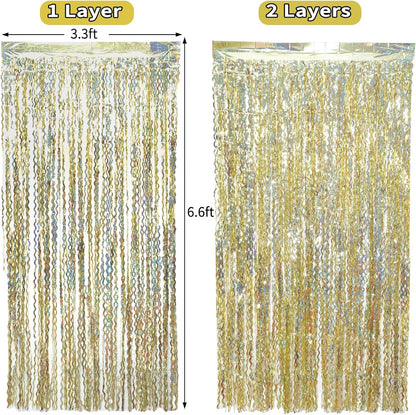 4 Pack Wavy Champagne Gold Metallic Tinsel Foil Fringe Curtains Backdrop - 3.3X6.6ft Foil Fringe Backdrop for Parties | Door Streamers for Birthday | Photo Booth Backdrops Party Decor