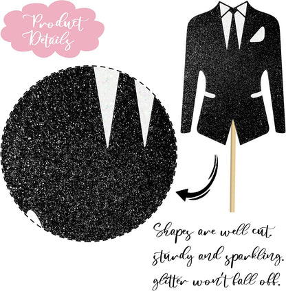 8pcs Bridal Shower Centerpiece Sticks Glitter Wedding Party Centerpiece Decorations for Bride and Groom White Tulle Dress Black Tuxedo Dress Theme Party Table Toppers for Bridal Shower Supplies