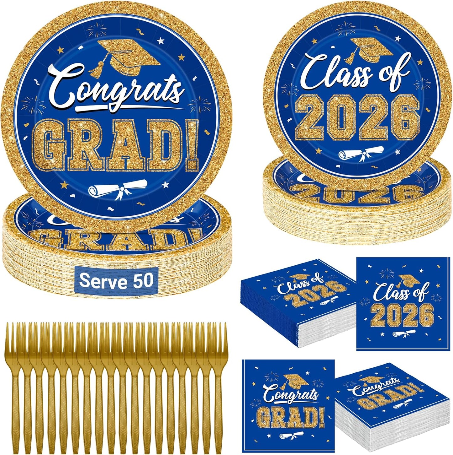 200Pcs Graduation Decorations 2026, Blue Graduation Plates and Napkins Party Supplies for 50 Guests, Disposable Grad Plates, Napkins, Dessert Plates and Forks for Grad Decor Wedding Birthday Supplies