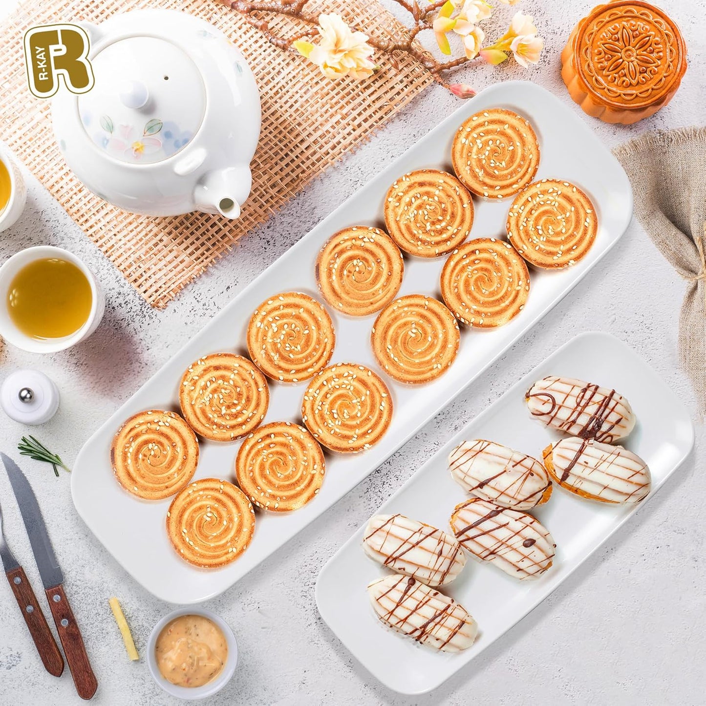 R-kay 4 Pack White Plastic Serving Trays for Party - White Serving Tray 17 by 6.5 in - Rectangular Heavy Duty Dessert Trays for Food