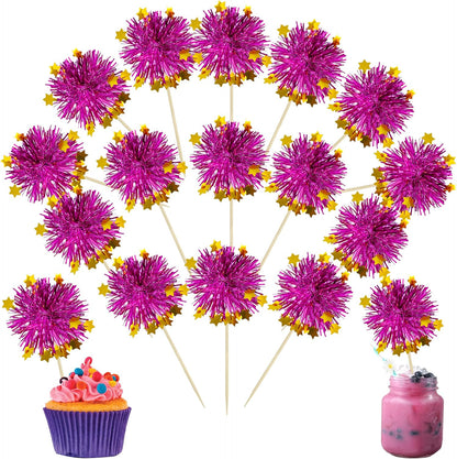 Ephlyn 30Pcs Foil Firework Cupcake Toppers Sparkle Tinsel Cupcake Picks Drink Stirrers Cocktail Food Fruit Toothpicks for Baby Shower Graduation Party Supplies White