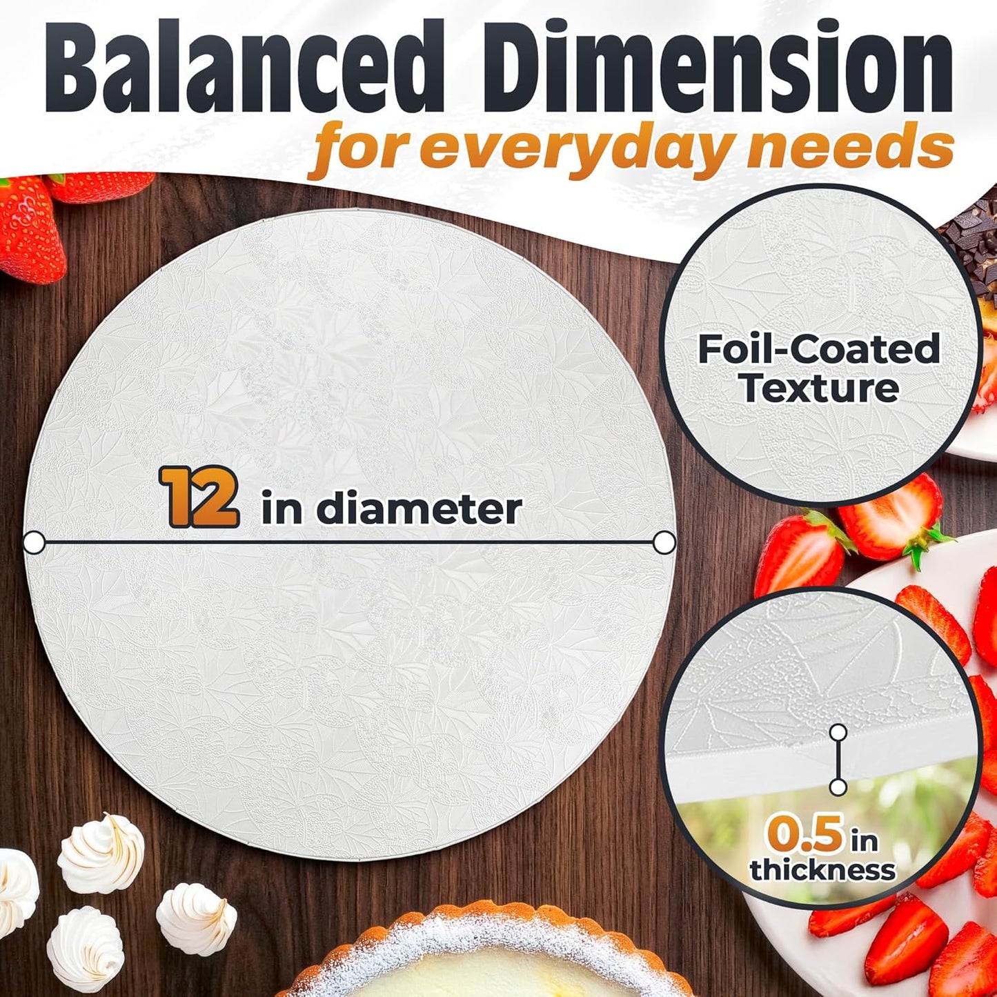 12 Inch Cake Drum, Black Cake Board for Picture-Ready Celebration Cakes, 1/2 Inch Thick Round Cardboard Base with Grease & Moisture Resistant Surface and Decorative Pattern for Parties and Weddings