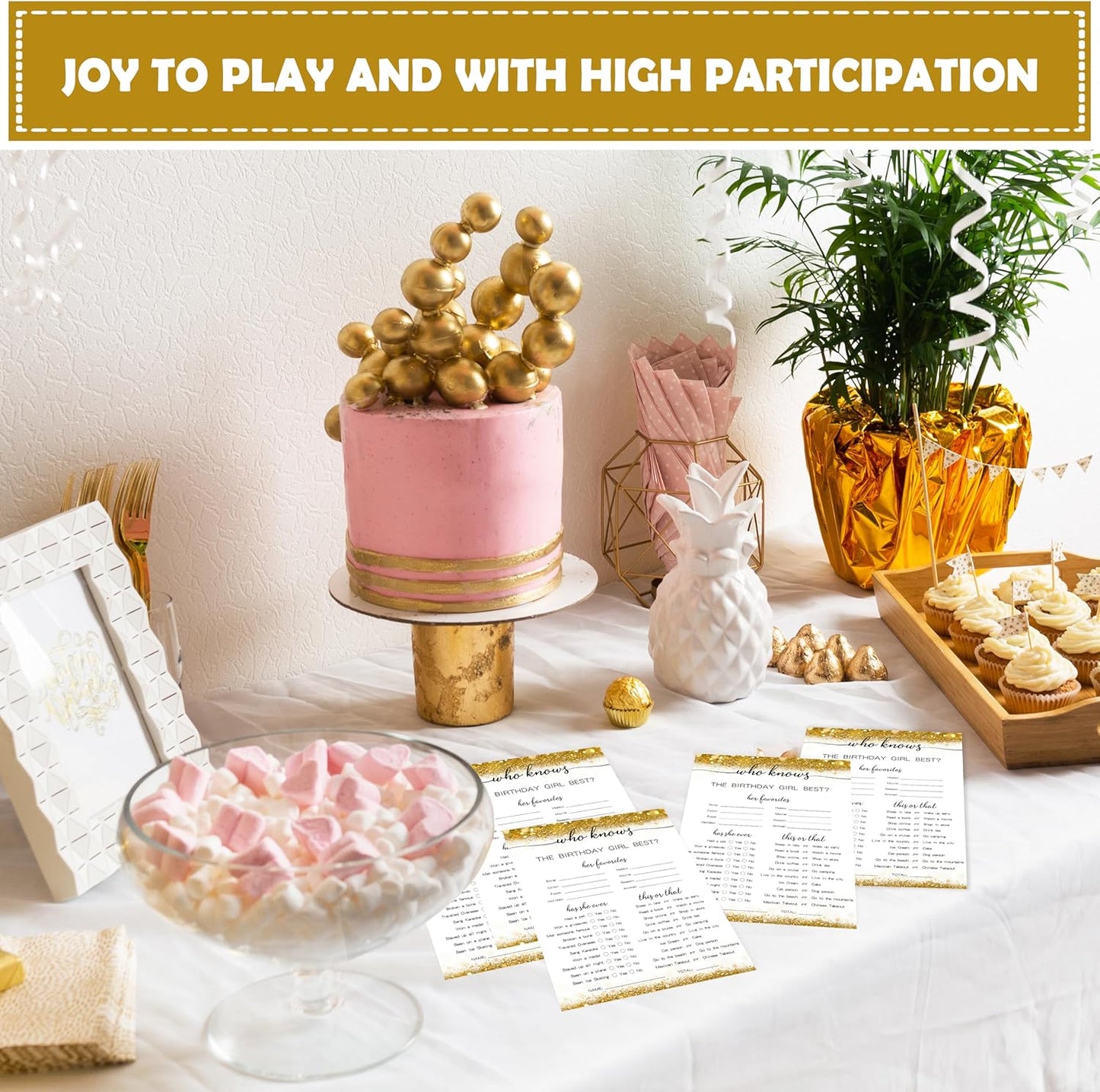 Gold Glitter Birthday Party Game Cards Set, Ever or Never, for Girl Birthdays Supplies, Activity Decorations Double Sided Set of 30 Pcs
