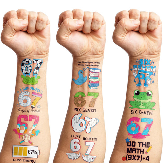 96 PCS Funny Six Seven 67 Pre-Cut Temporary Tattoos for Kids | Super Cute Themed Birthday Party Favors, Supplies, Decorations, Cute Meme Fake Tattoo Stickers, School Rewards & Gifts For Boys & Girls