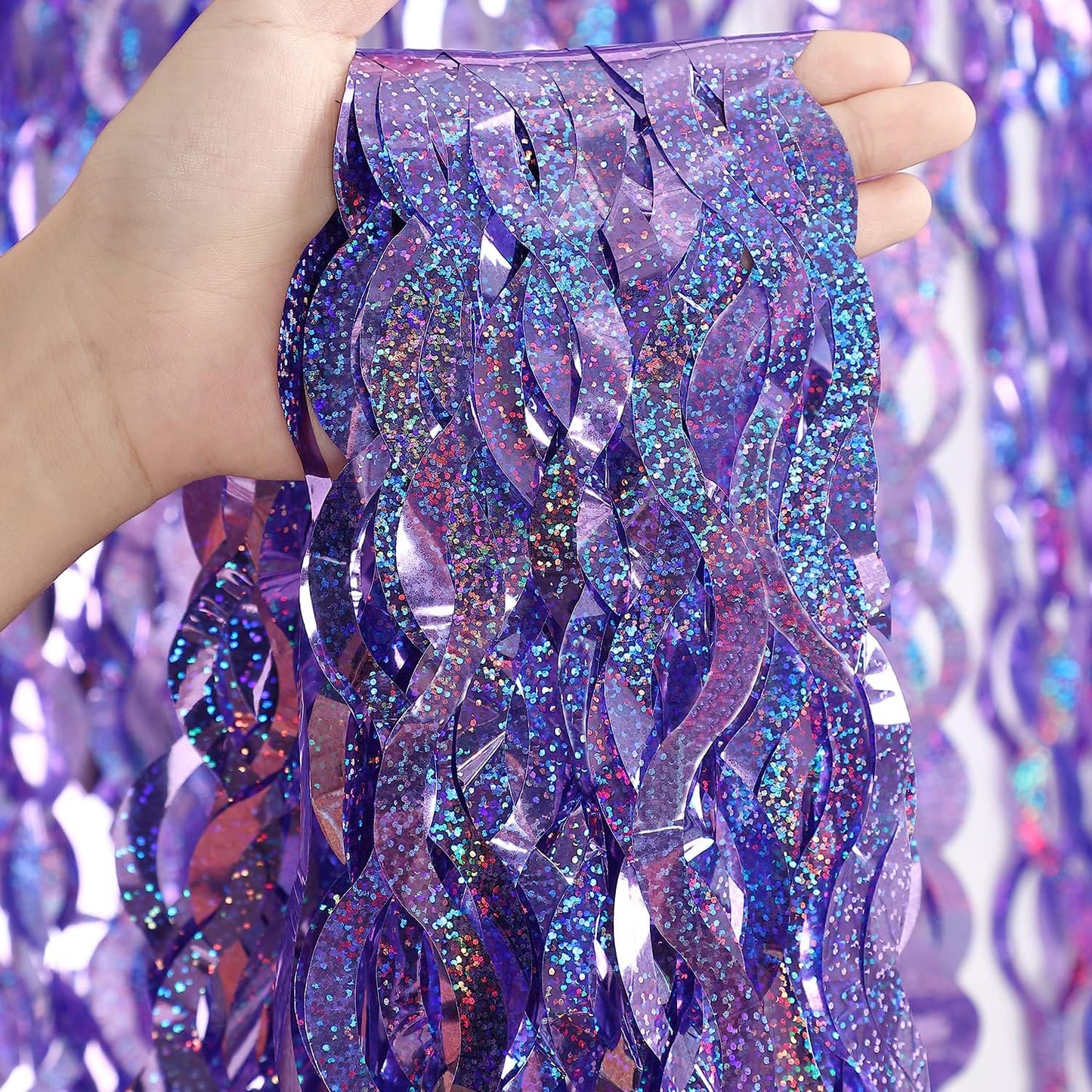 3 Pack Colorful Foil Fringe Curtain Backdrop - 6.6 x 3.3 ft Wavy Rainbow Tinsel Backdrop Curtain Metallic Streamers Iridescent Holiday Photo Booth Party Decorations