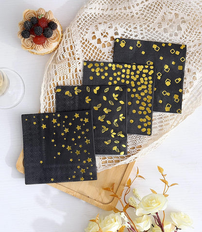 100 PK Gold Napkins - 4 Assorted Designs - 3-Ply Cocktail Napkins Folded 5 x 5 Inches Bar Napkins Disposable Party Napkins Paper Napkins Dinner for Wedding Baby Shower Birthday Graduation 2023