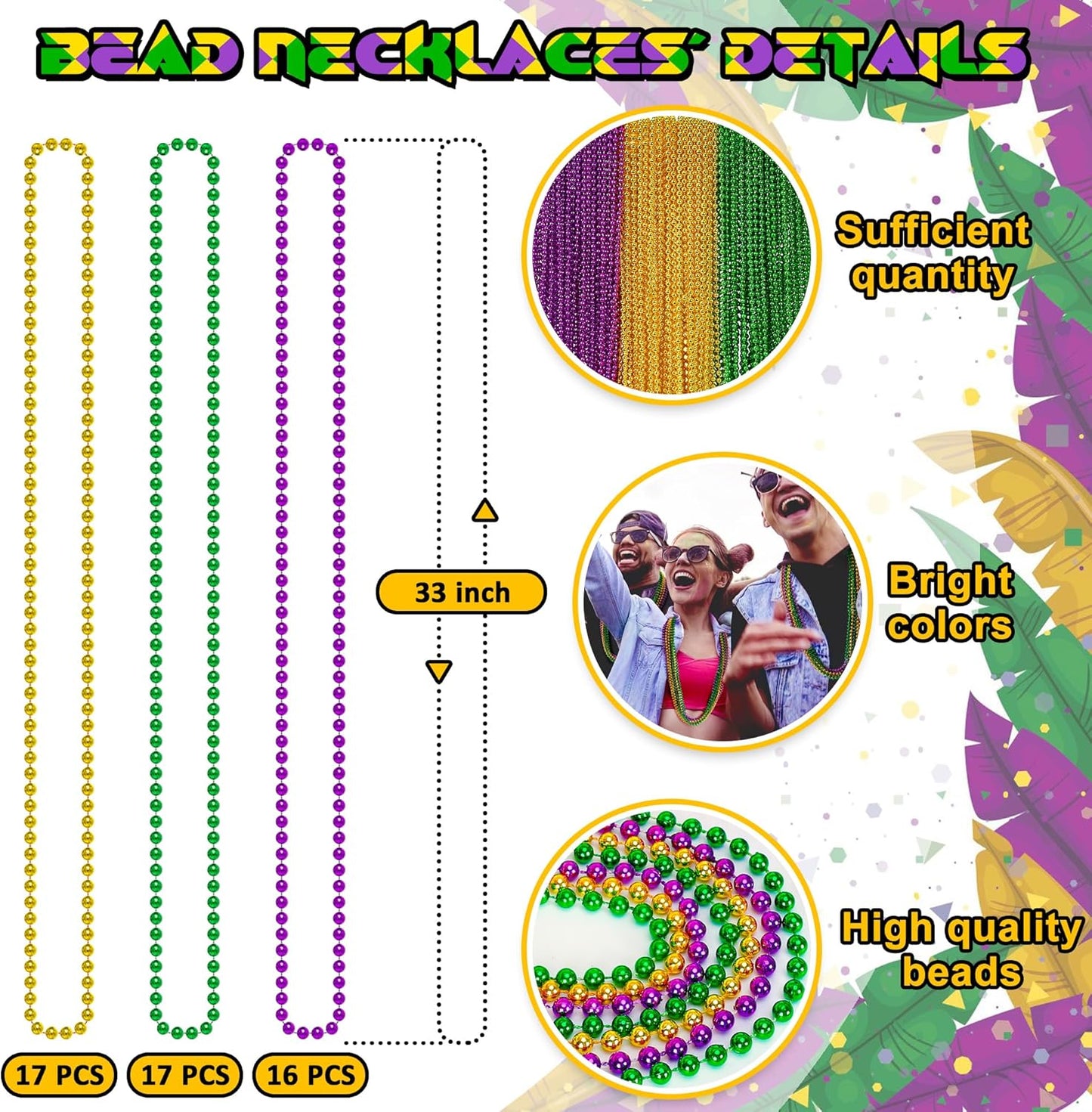 EOBOH 144PCS Mardi Gras Beads, Metallic 12 Kinds Bead Necklace Party Supplies, 33" Mardi Gras Necklace Costume Stuff, Festival Parade Throw Accessories for Wedding Birthday Celebrations Decorations