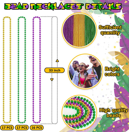 EOBOH 144PCS Mardi Gras Beads, Metallic 12 Kinds Bead Necklace Party Supplies, 33" Mardi Gras Necklace Costume Stuff, Festival Parade Throw Accessories for Wedding Birthday Celebrations Decorations