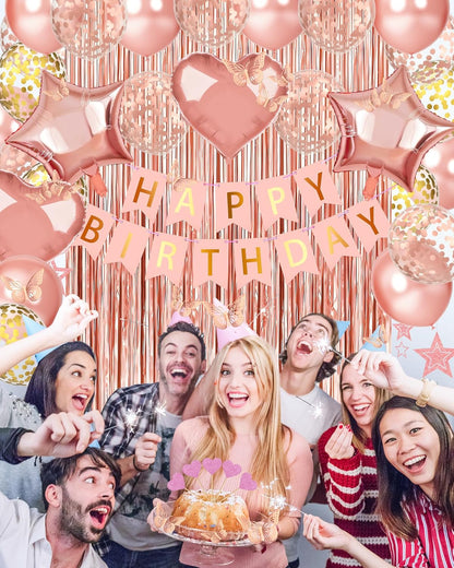 Lutoys Rose Gold Happy Birthday Party Decorations, Happy Birthday Banner, Rose Gold Foil Heart Star Confetti Balloons Curtain Backdrop Hanging Swirls Party Decor for Girls Women Princess