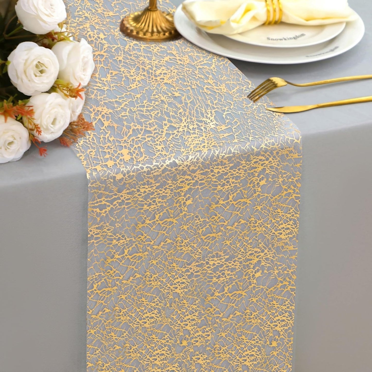 Snowkingdom 2 Pieces Gold Table Runner, Sequin Glitter Foil Metallic Thin Mesh Runner Roll 11"x108", Gold Table Decorations for Event Party, Wedding, Birthday Party, Christmas