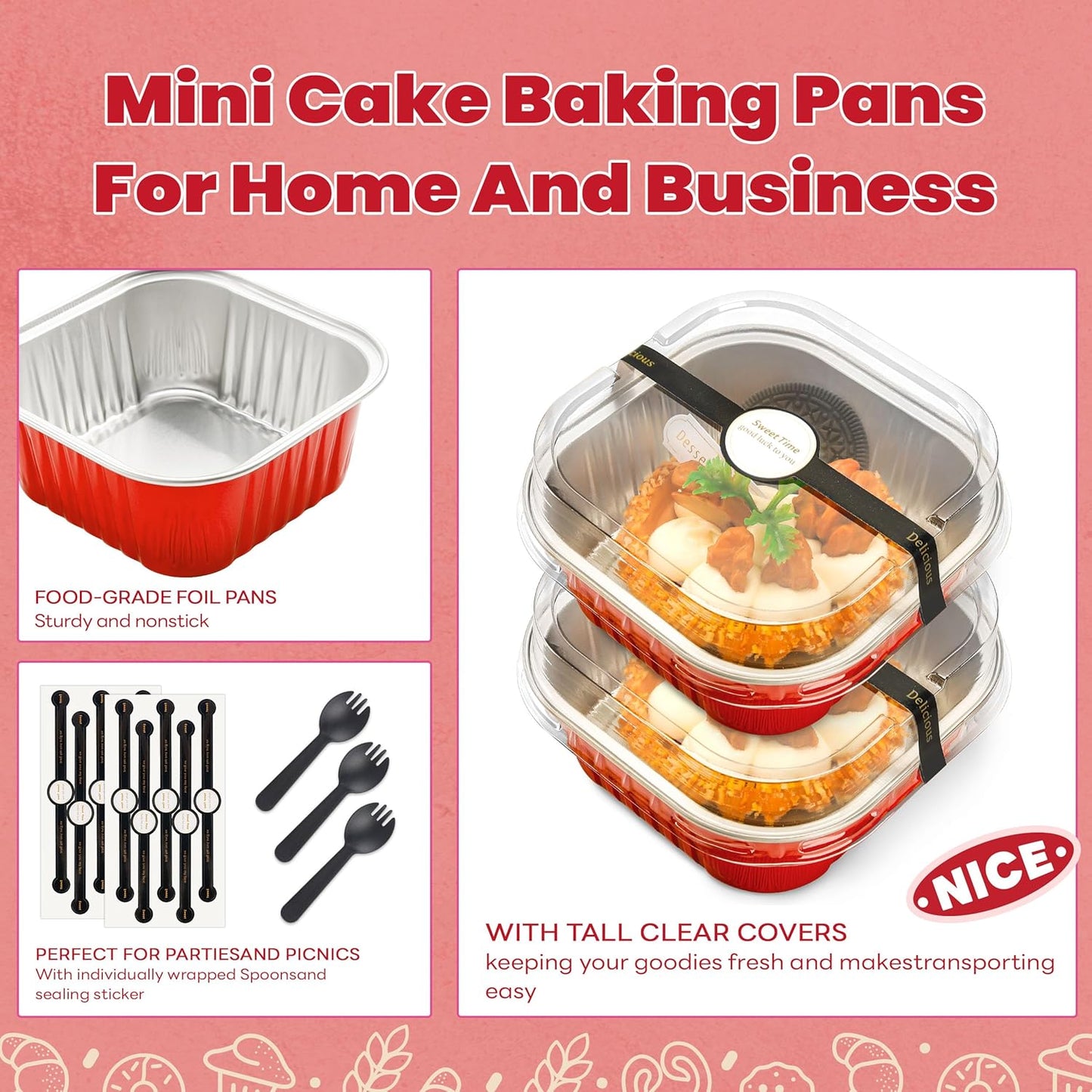 NPLUX 50 Pcs Mini Cake Pans with Lids and Spoons Aluminum Foil Mini Square Baking Cups with Lids Disposable Ramekins Cake Pans Dessert Cups for Wedding Mothers Day Gifts Party Favors(Pink,5oz)