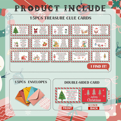 Christmas Treasure Hunt Clue Game, Christmas Games Santa Scavenger Hunt Cards, Indoor Outdoor Holiday Party Supplies, 15 Cards with Colorful Envelopes, 04