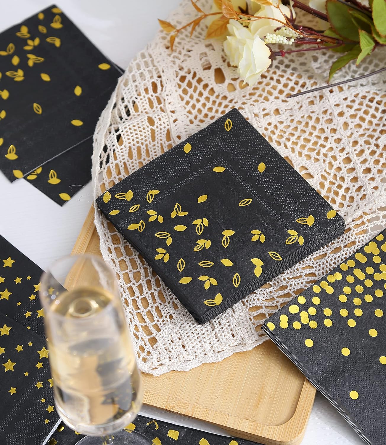 100 PK Gold Napkins - 4 Assorted Designs - 3-Ply Cocktail Napkins Folded 5 x 5 Inches Bar Napkins Disposable Party Napkins Paper Napkins Dinner for Wedding Baby Shower Birthday Graduation 2023
