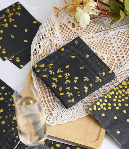 100 PK Gold Napkins - 4 Assorted Designs - 3-Ply Cocktail Napkins Folded 5 x 5 Inches Bar Napkins Disposable Party Napkins Paper Napkins Dinner for Wedding Baby Shower Birthday Graduation 2023