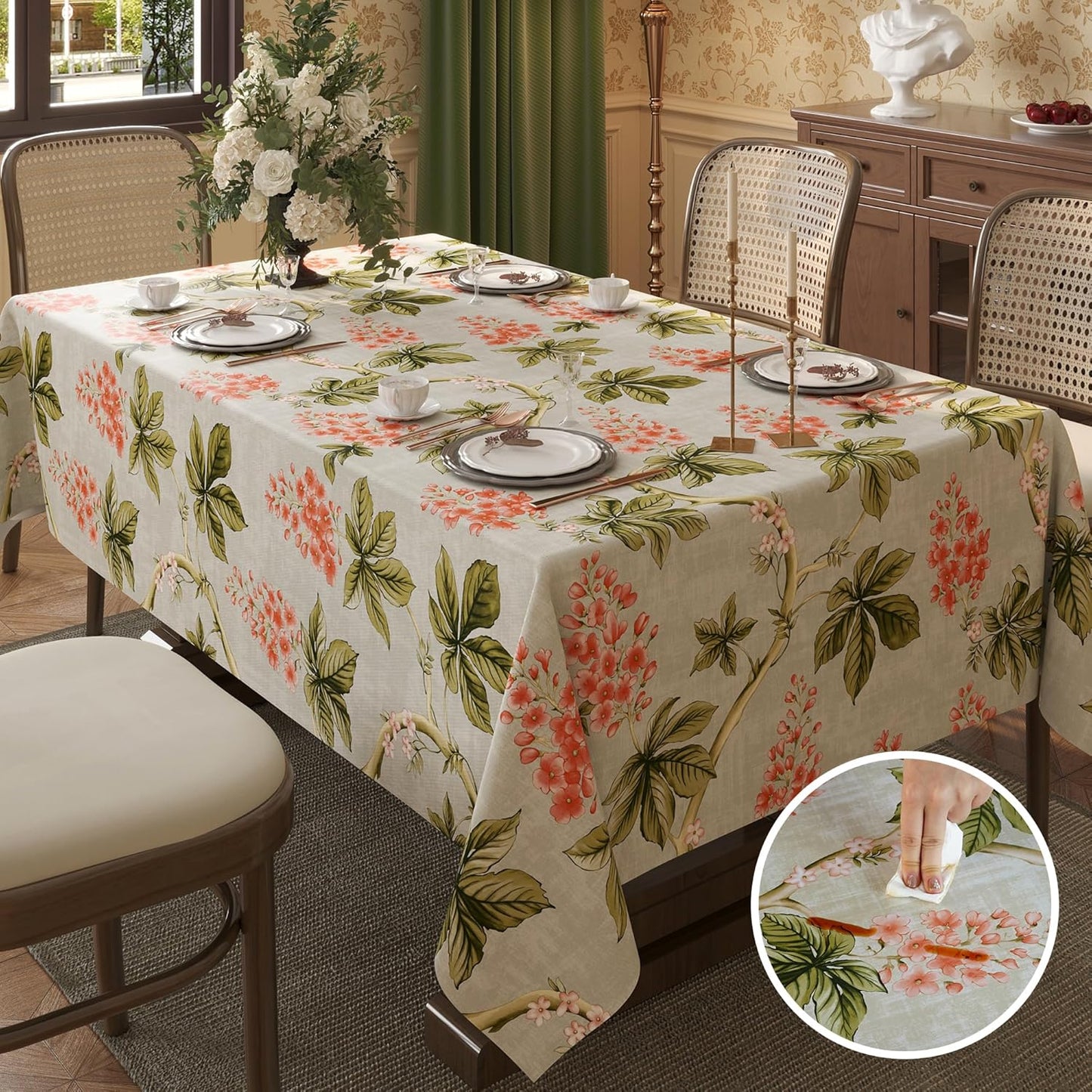 Rectangle Table Cloth,100% Waterproof Tablecloth Oil Proof Spill Proof Vinyl Table Cloth, Wipe Clean Plastic Table Cover for Dining, Camping, Indoor and Outdoor 52" x 70",Leaves