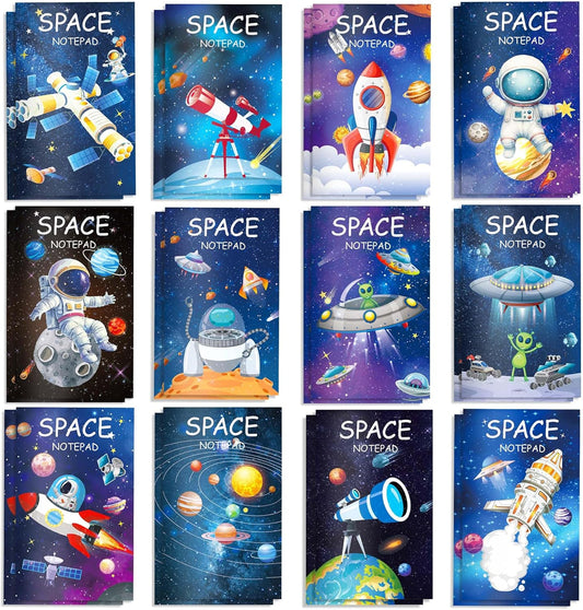 24 Pack Outer Space Mini Notebook - Space Party Favor Galaxy Goodie Bags with 12 Designs & Lined Pages, 3.15x4.92 Inches Small Pocket Notepads for Planet Theme Birthday Party Supplies, Science Class