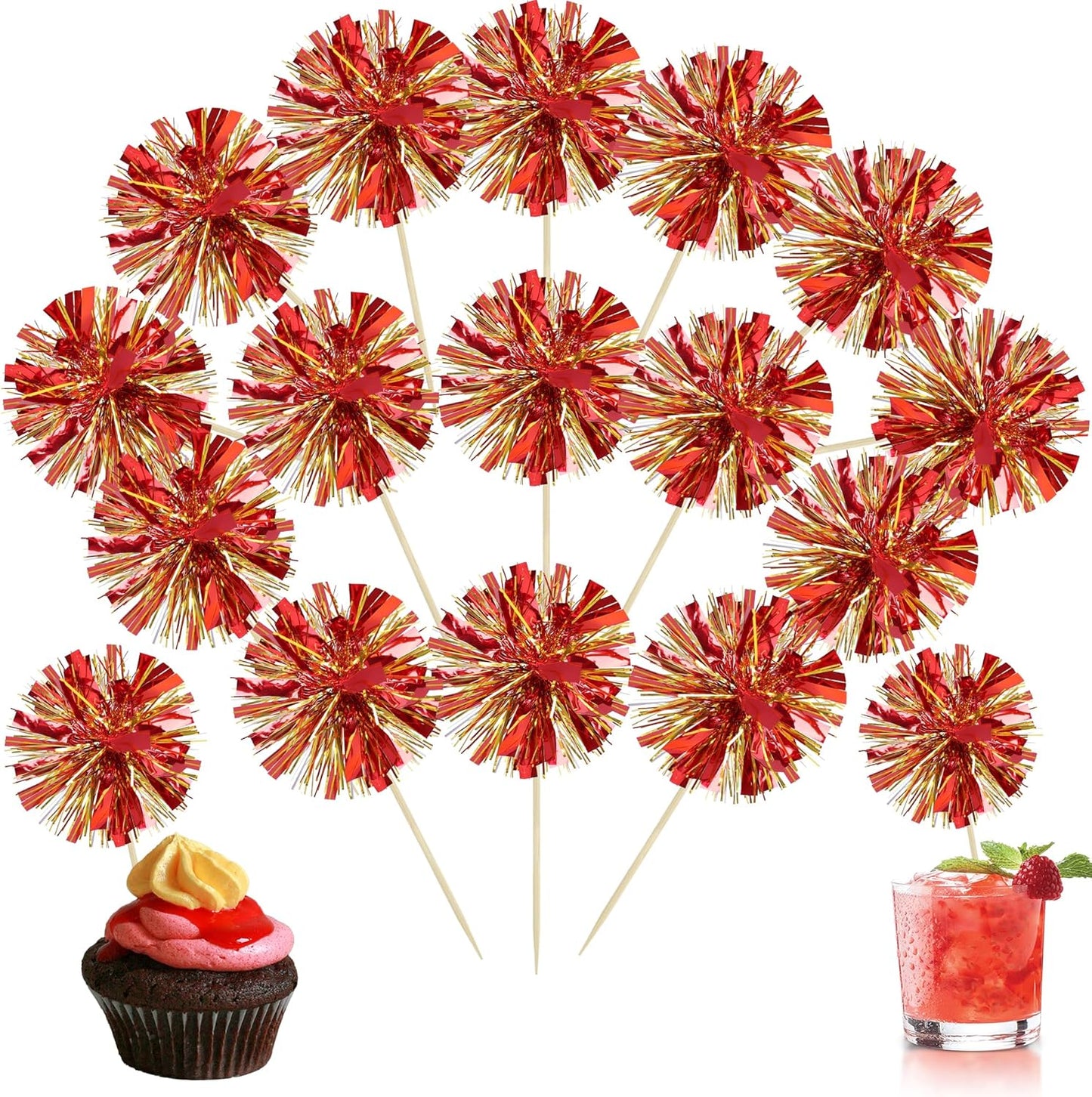 Ephlyn 30Pcs Foil Firework Cupcake Toppers Sparkle Tinsel Cupcake Picks Drink Stirrers Cocktail Food Fruit Toothpicks for Baby Shower Graduation Party Supplies White