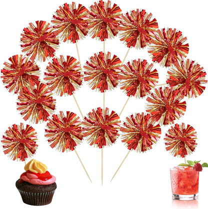 Ephlyn 30Pcs Foil Firework Cupcake Toppers Sparkle Tinsel Cupcake Picks Drink Stirrers Cocktail Food Fruit Toothpicks for Baby Shower Graduation Party Supplies White