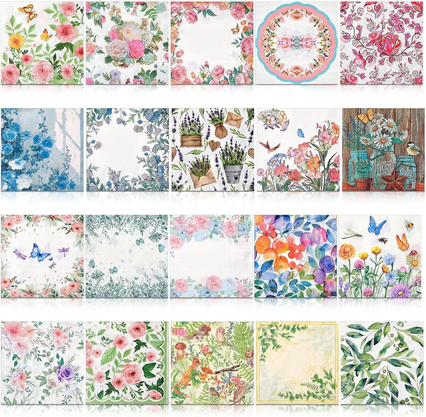 Crtiin 20 Pack Decoupage Napkins Floral Napkins Flower Cocktail Paper Decorative Toilet for Valentine's Day Birthday Party Beautiful Gorgeous, 20 Styles Each 6.5 Inches(Style 1)