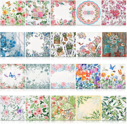 Crtiin 20 Pack Decoupage Napkins Floral Napkins Flower Cocktail Paper Decorative Toilet for Valentine's Day Birthday Party Beautiful Gorgeous, 20 Styles Each 6.5 Inches(Style 1)