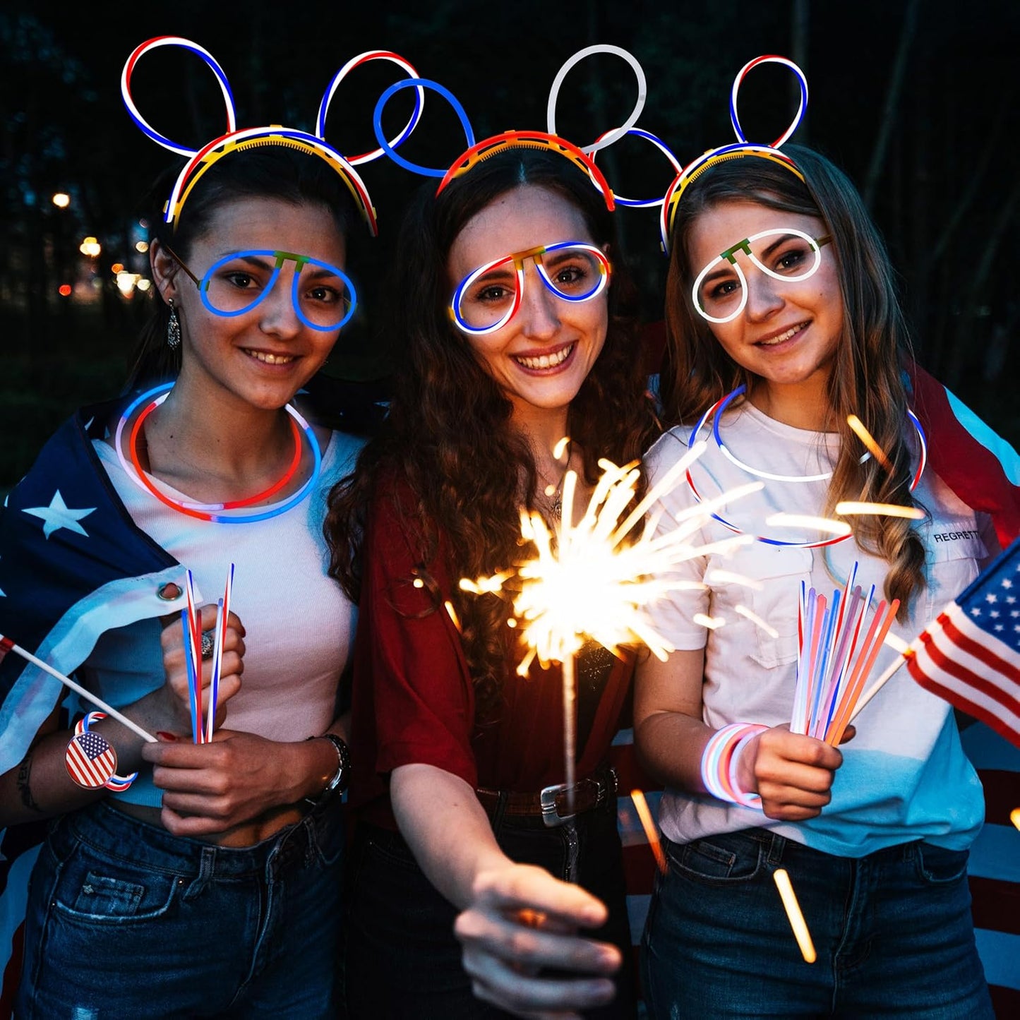 JOYIN 120 Pcs 4th of July Glow Sticks Bulk, 8” Red White Blue Striped Lightup Sticks with Connectors, Glow in the Dark Headband Bracelet Necklace for Independence Day Party Favor Accessory Supply