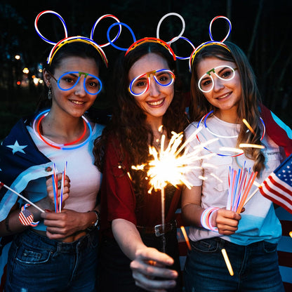 JOYIN 120 Pcs 4th of July Glow Sticks Bulk, 8” Red White Blue Striped Lightup Sticks with Connectors, Glow in the Dark Headband Bracelet Necklace for Independence Day Party Favor Accessory Supply