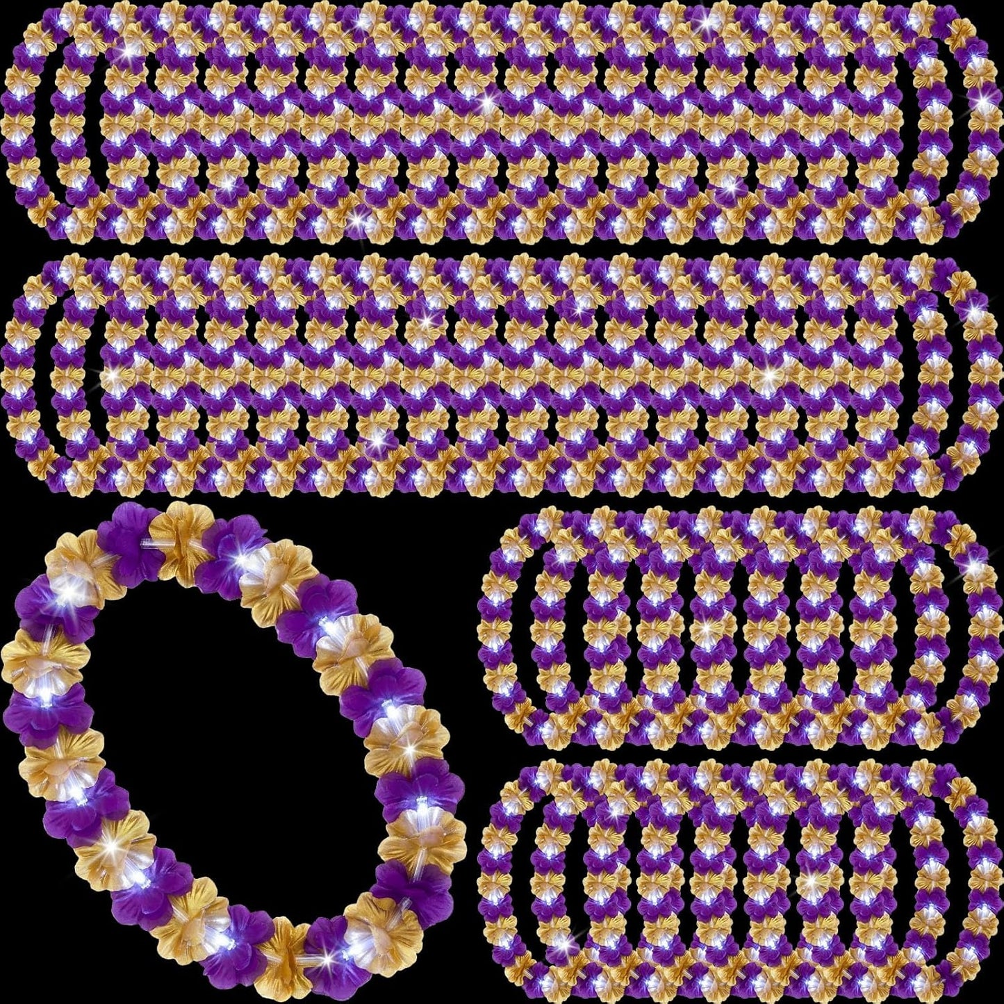 Sherr 24 Pcs LED Leis Light Up Purple and Gold Hawaiian Flower Necklaces, Graduation 2026 Party Supplies, Class of 2026 Leis for Beach Wedding Luau Glow Party Favors