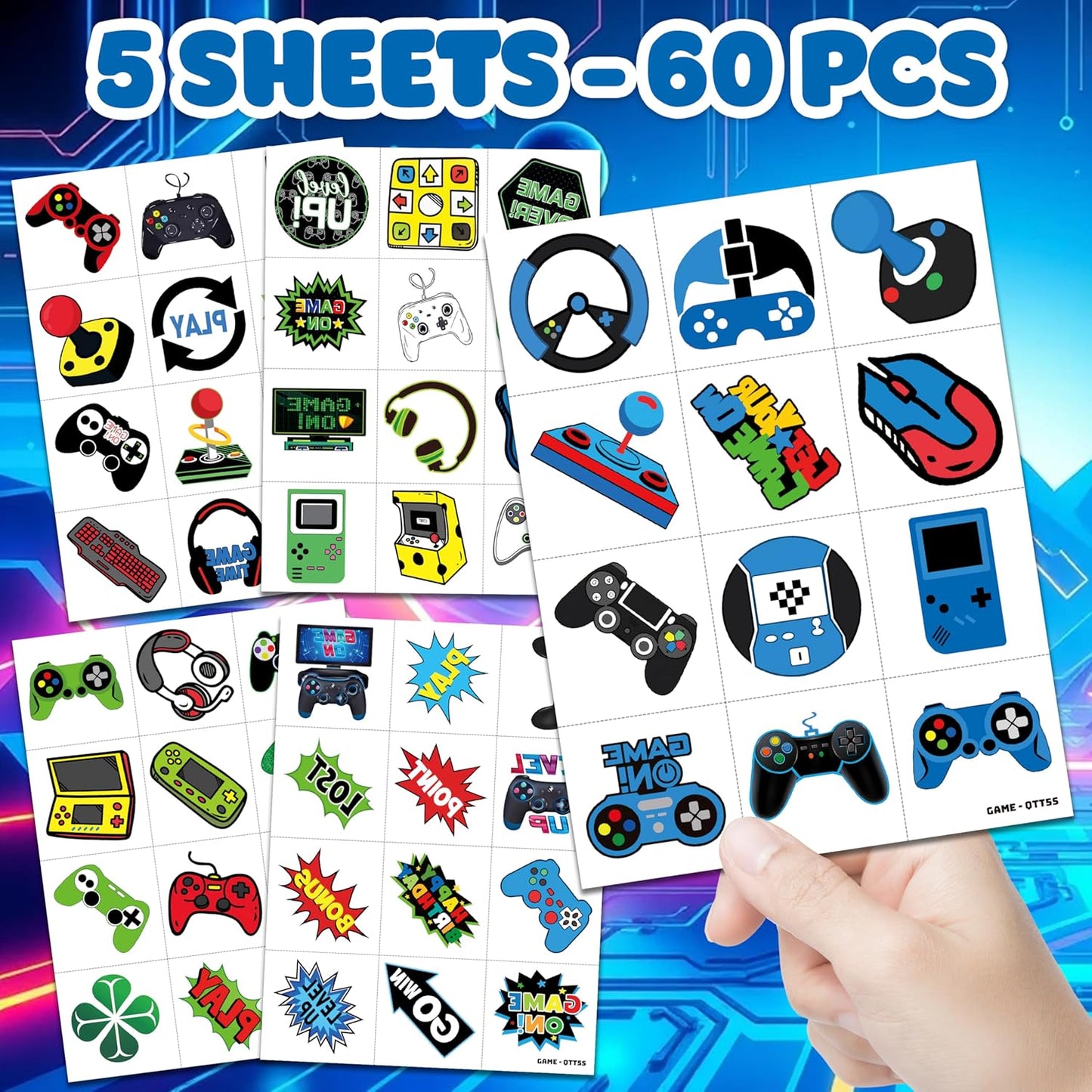 60 PCS Video Game Pre-Cut Temporary Tattoos Themed for Kids Birthday Party Decorations Supplies Favors Decor Super Cute Tattoo Stickers 5 Sheets Gifts for Boys Girls Games Classroom Rewards Carnival